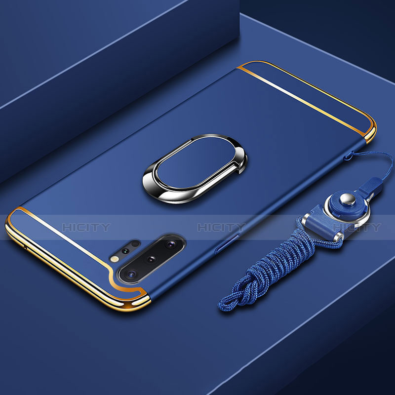 Custodia Lusso Metallo Laterale e Plastica Cover con Anello Supporto T01 per Samsung Galaxy Note 10 Plus Blu