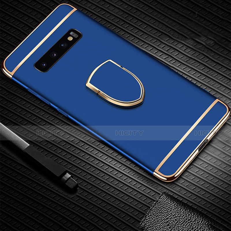 Custodia Lusso Metallo Laterale e Plastica Cover con Anello Supporto T01 per Samsung Galaxy S10 Blu