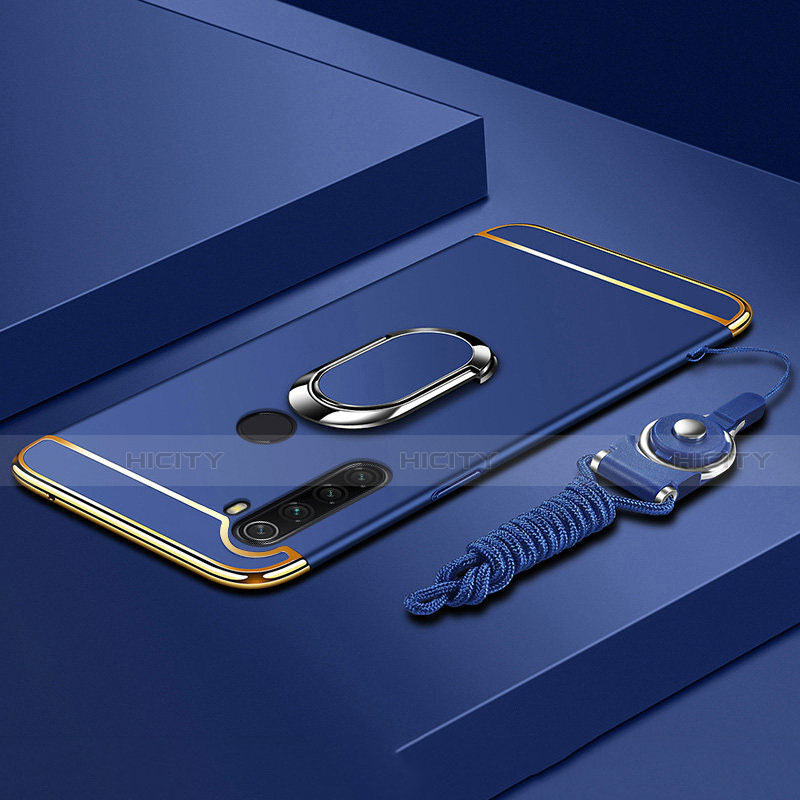 Custodia Lusso Metallo Laterale e Plastica Cover con Anello Supporto T01 per Xiaomi Redmi Note 8 (2021) Blu