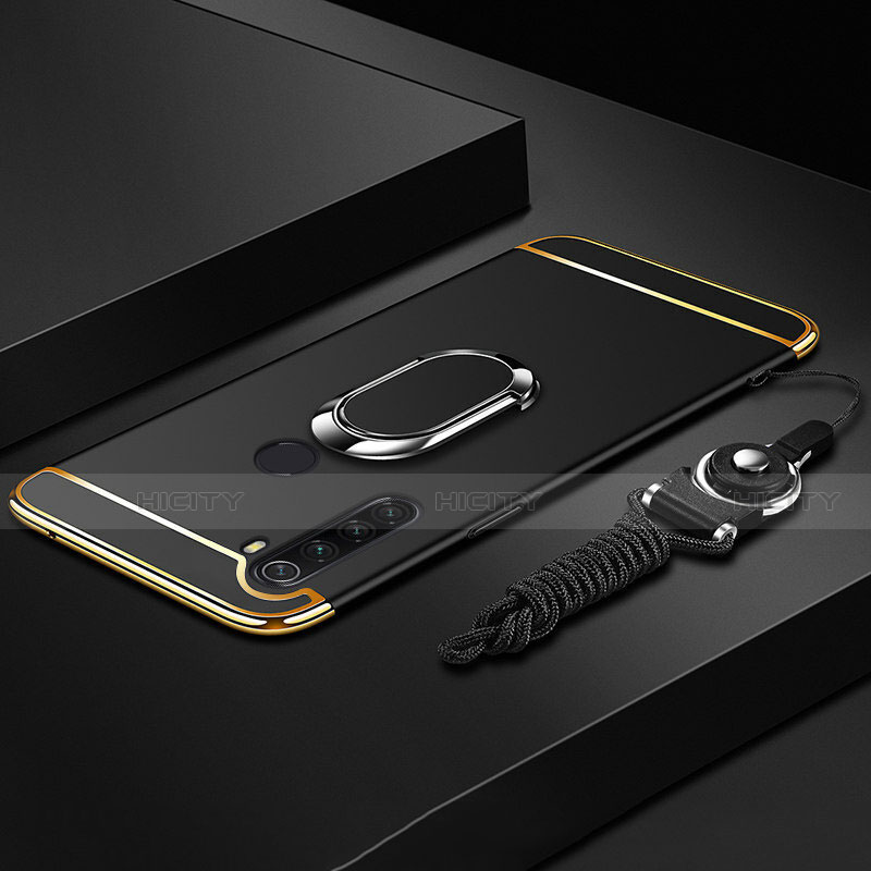 Custodia Lusso Metallo Laterale e Plastica Cover con Anello Supporto T01 per Xiaomi Redmi Note 8 (2021) Nero