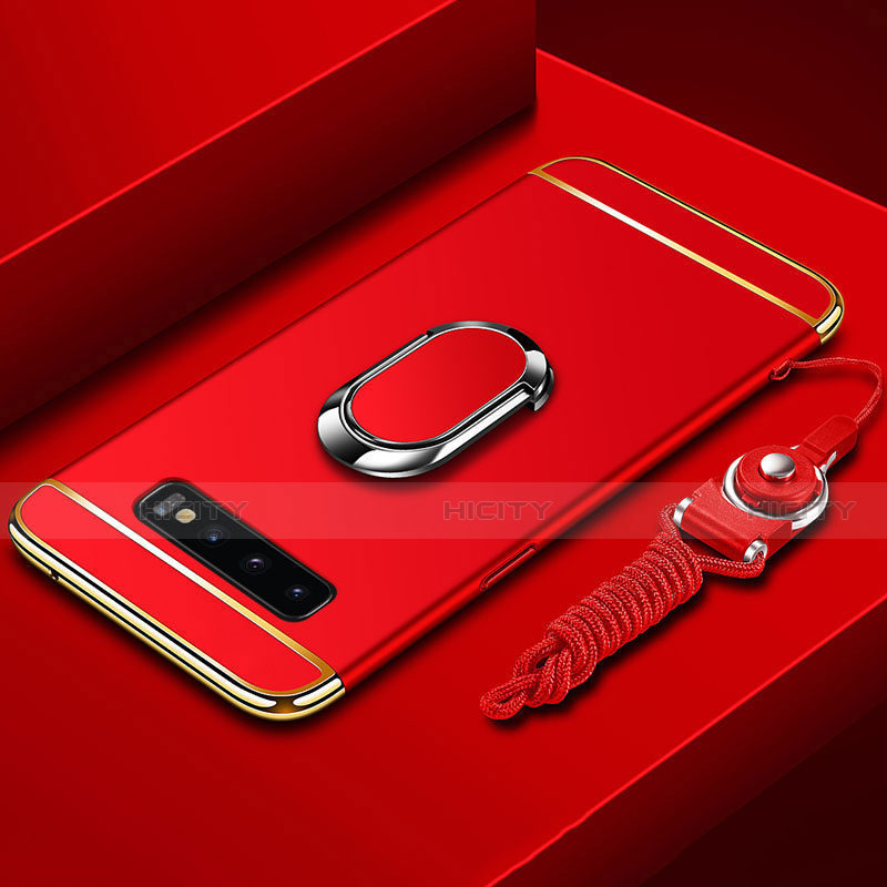 Custodia Lusso Metallo Laterale e Plastica Cover con Anello Supporto T02 per Samsung Galaxy S10 Plus Rosso