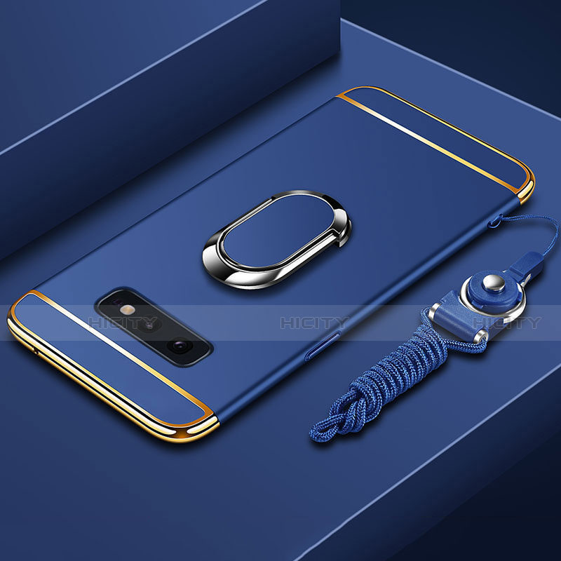 Custodia Lusso Metallo Laterale e Plastica Cover con Anello Supporto T02 per Samsung Galaxy S10e Blu