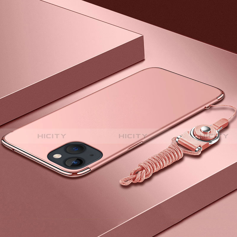 Custodia Lusso Metallo Laterale e Plastica Cover con Cordoncino per Apple iPhone 13 Mini Oro Rosa