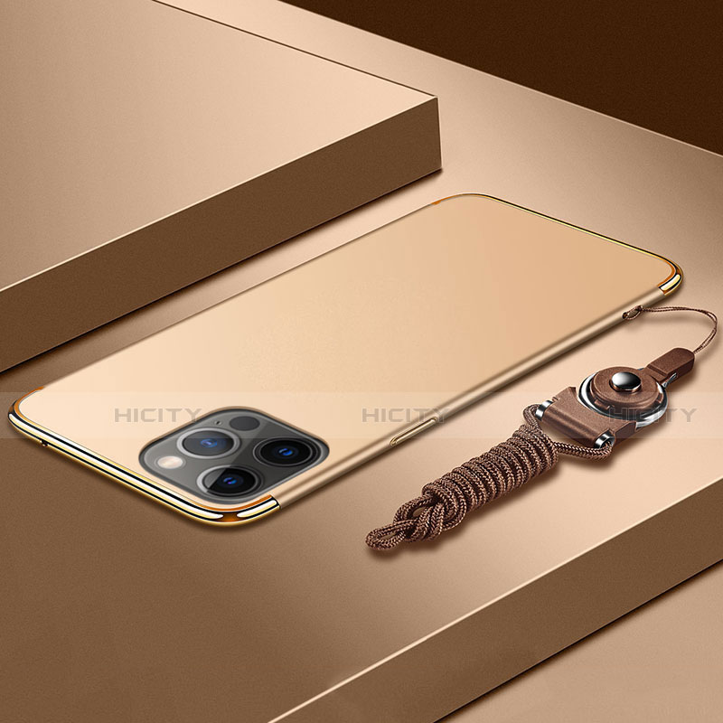 Custodia Lusso Metallo Laterale e Plastica Cover con Cordoncino per Apple iPhone 14 Pro Max Oro