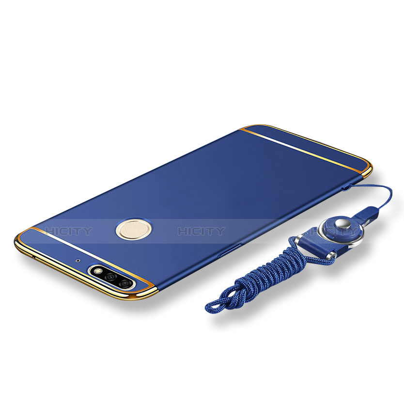 Custodia Lusso Metallo Laterale e Plastica Cover con Cordoncino per Huawei Enjoy 8 Blu