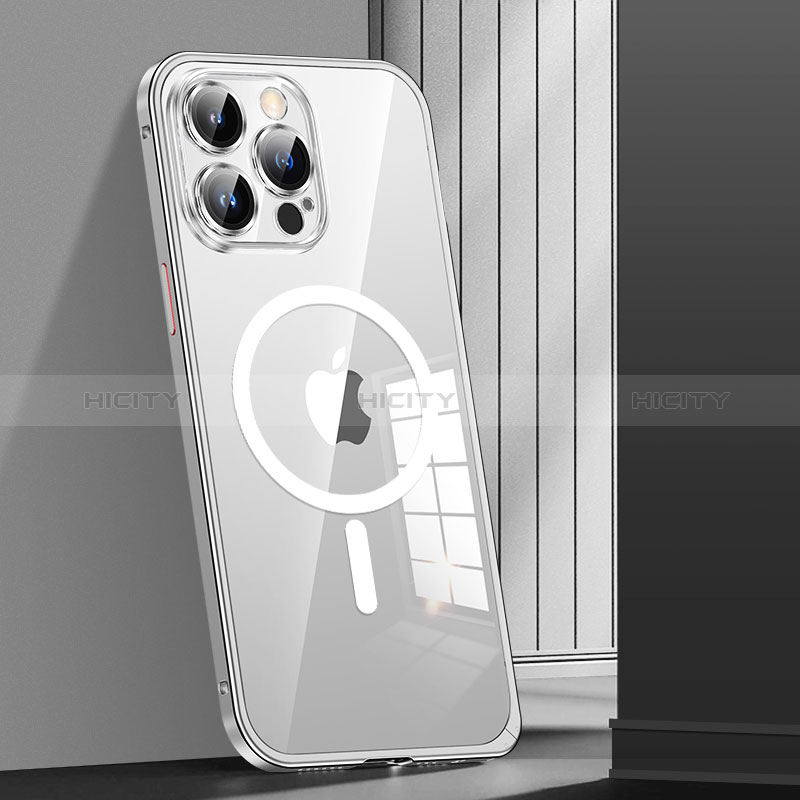 Custodia Lusso Metallo Laterale e Plastica Cover con Mag-Safe Magnetic JL1 per Apple iPhone 13 Pro Argento