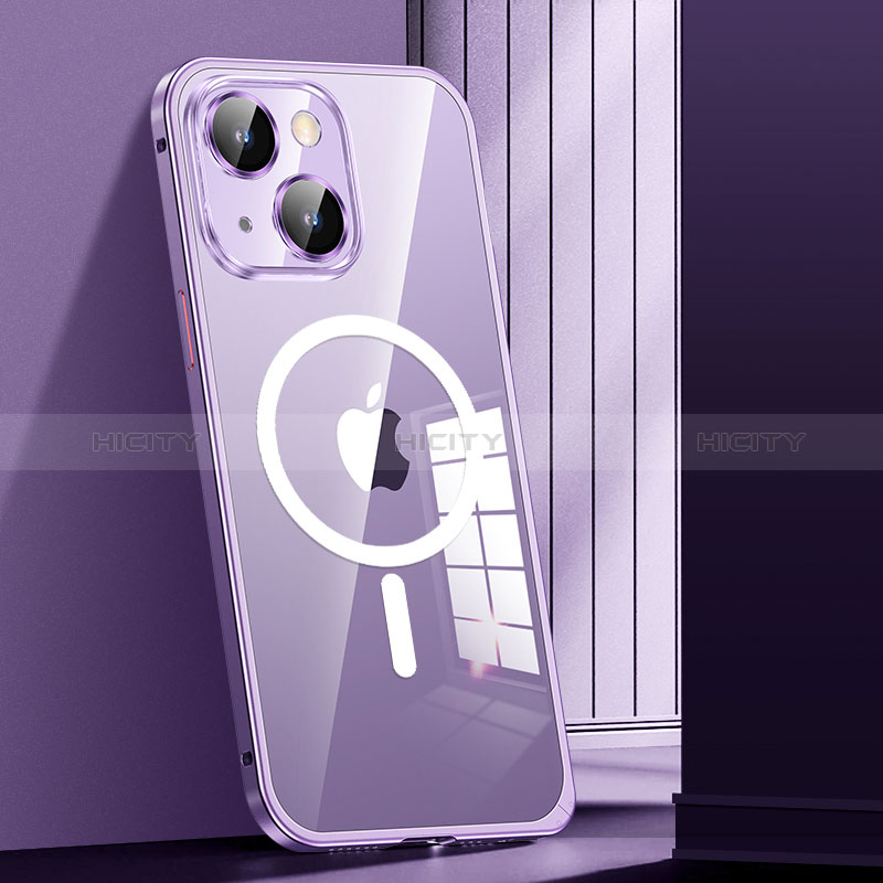 Custodia Lusso Metallo Laterale e Plastica Cover con Mag-Safe Magnetic JL1 per Apple iPhone 13 Viola