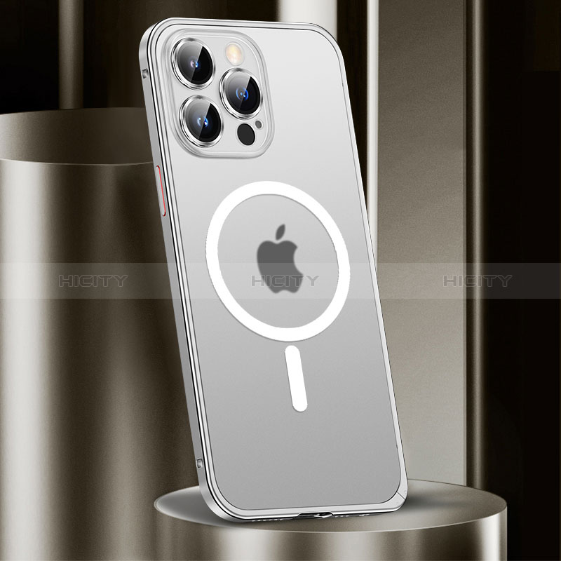 Custodia Lusso Metallo Laterale e Plastica Cover con Mag-Safe Magnetic JL2 per Apple iPhone 13 Pro Argento