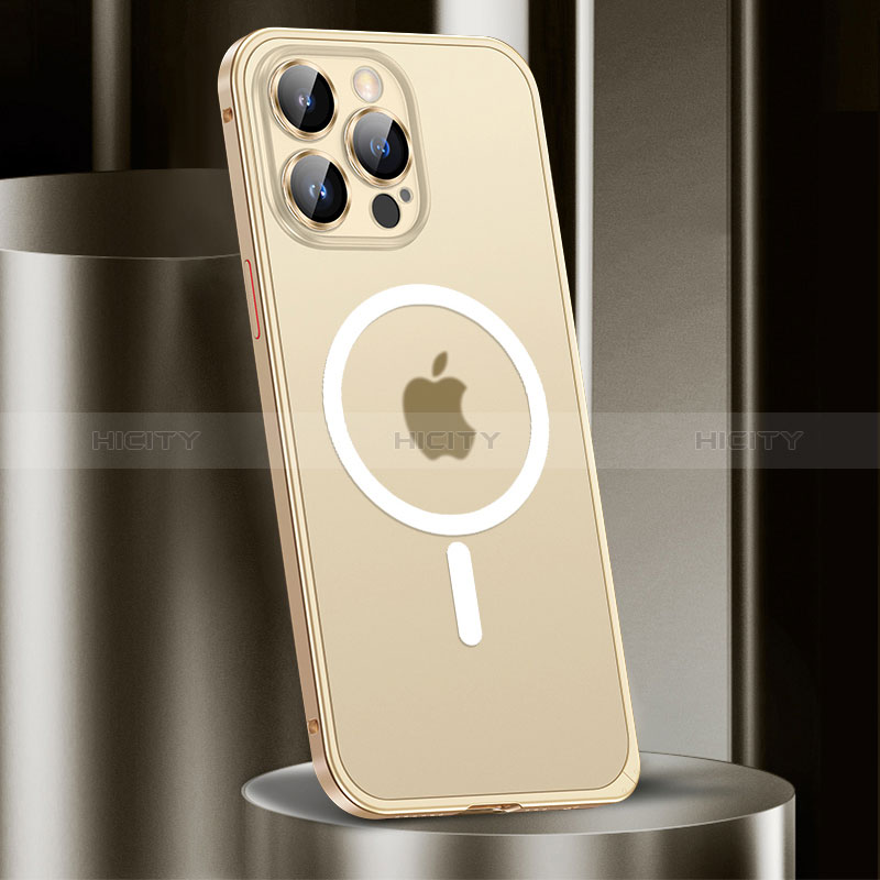 Custodia Lusso Metallo Laterale e Plastica Cover con Mag-Safe Magnetic JL2 per Apple iPhone 13 Pro Oro