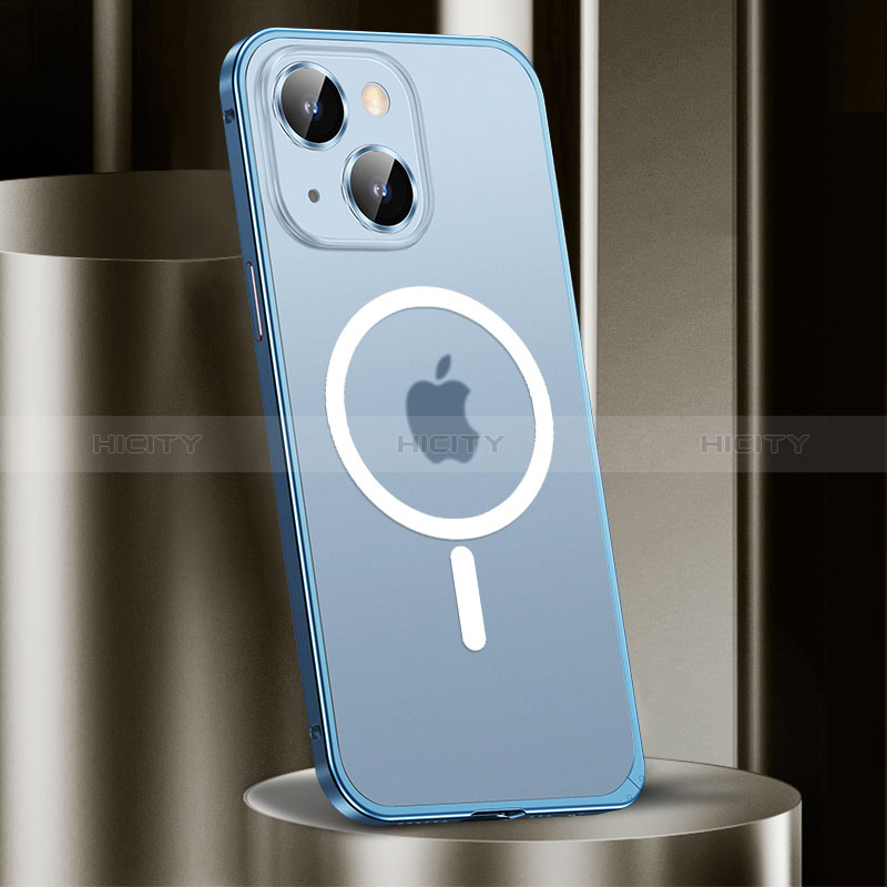 Custodia Lusso Metallo Laterale e Plastica Cover con Mag-Safe Magnetic JL2 per Apple iPhone 14 Blu