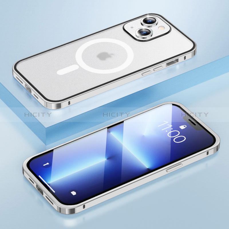 Custodia Lusso Metallo Laterale e Plastica Cover con Mag-Safe Magnetic LF1 per Apple iPhone 13 Argento