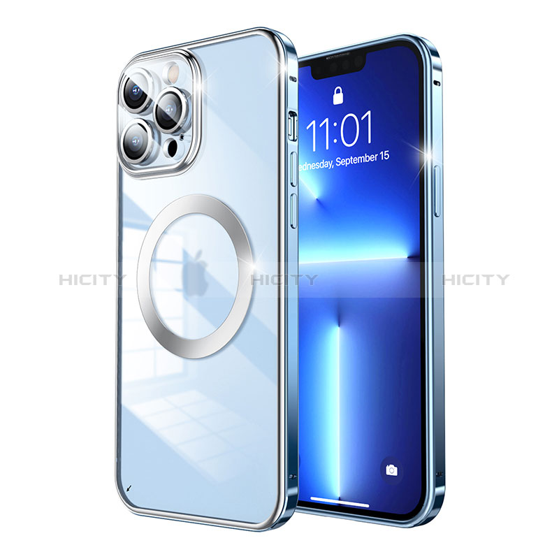 Custodia Lusso Metallo Laterale e Plastica Cover con Mag-Safe Magnetic LF5 per Apple iPhone 13 Pro Blu