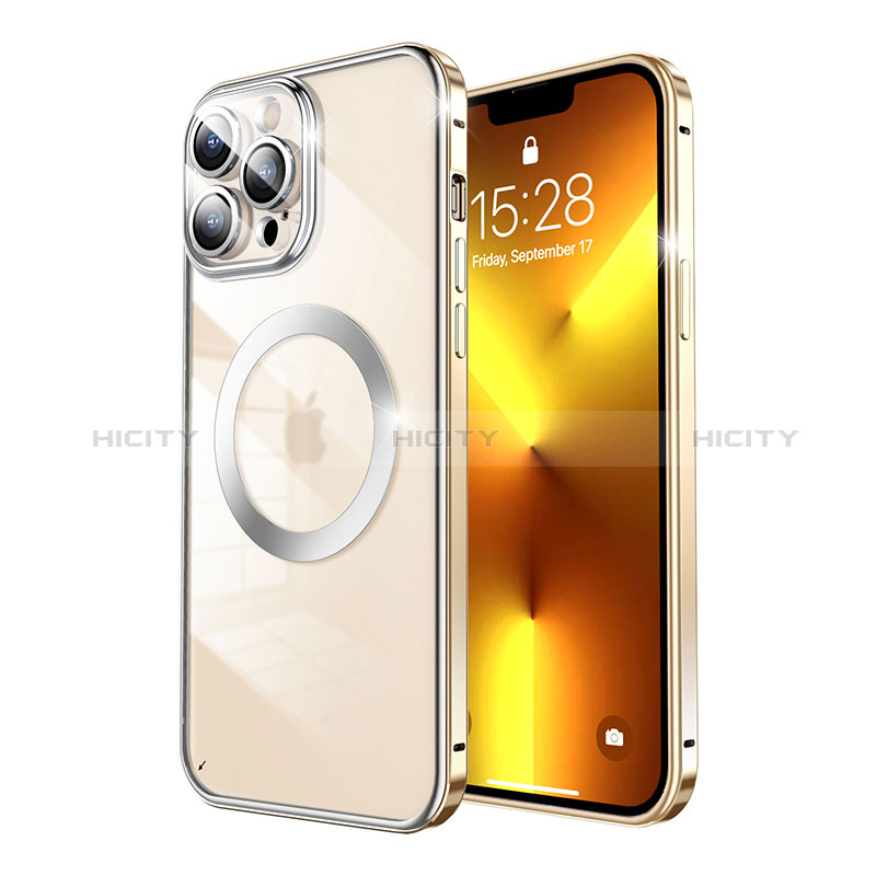 Custodia Lusso Metallo Laterale e Plastica Cover con Mag-Safe Magnetic LF5 per Apple iPhone 13 Pro Oro