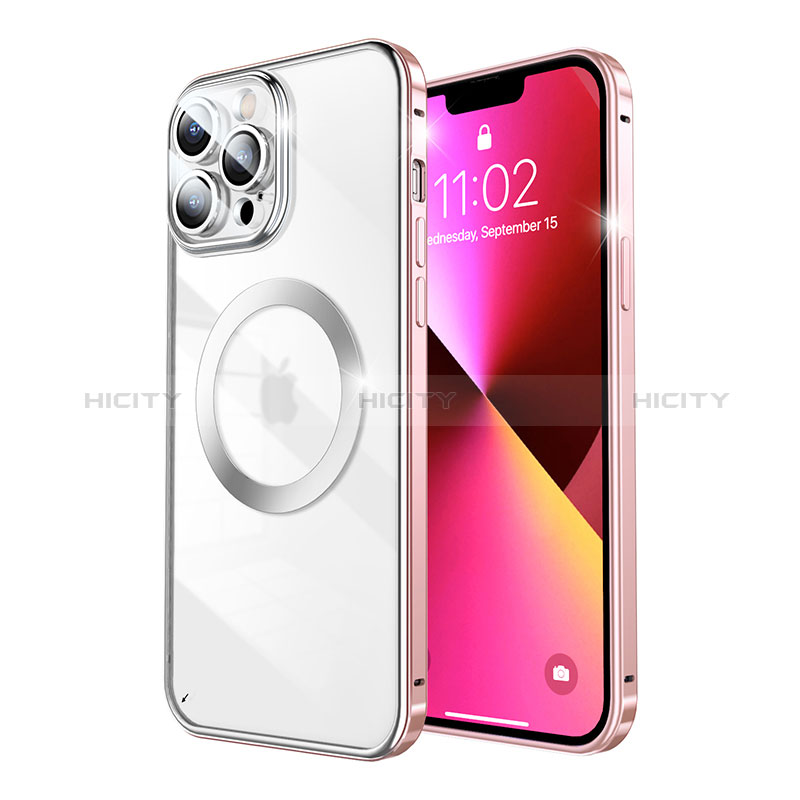 Custodia Lusso Metallo Laterale e Plastica Cover con Mag-Safe Magnetic LF5 per Apple iPhone 13 Pro Oro Rosa