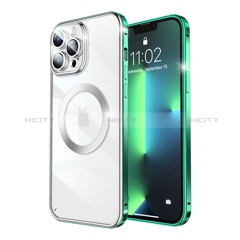 Custodia Lusso Metallo Laterale e Plastica Cover con Mag-Safe Magnetic LF5 per Apple iPhone 13 Pro Verde