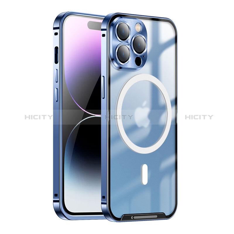 Custodia Lusso Metallo Laterale e Plastica Cover con Mag-Safe Magnetic LK1 per Apple iPhone 14 Pro Blu