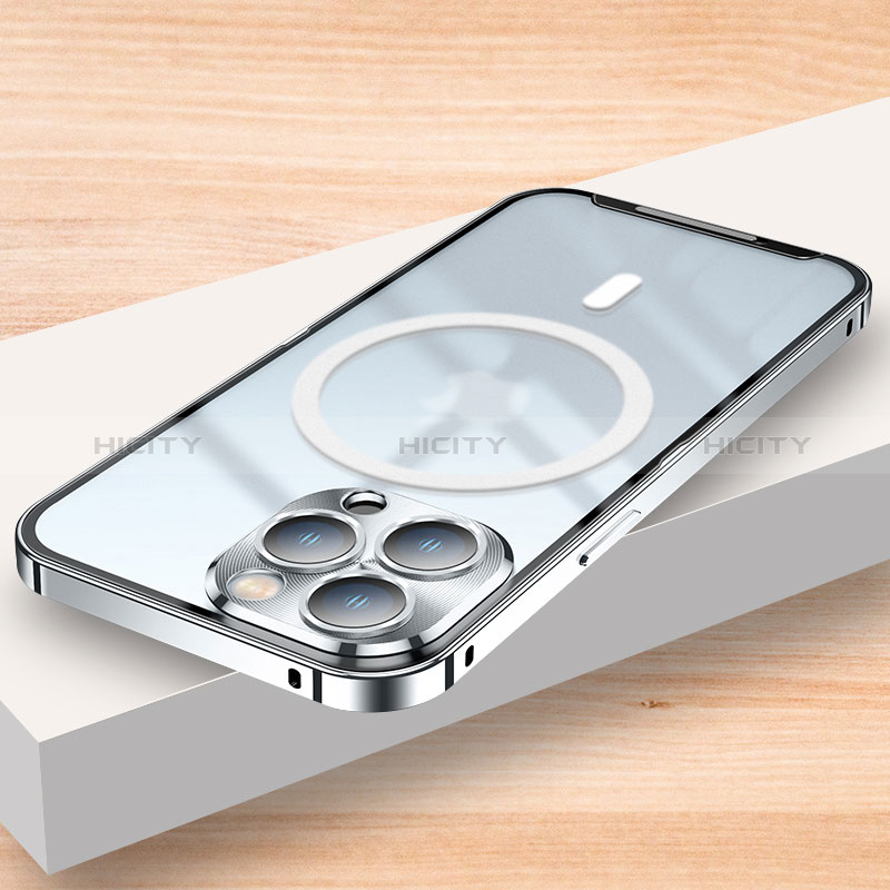 Custodia Lusso Metallo Laterale e Plastica Cover con Mag-Safe Magnetic LK2 per Apple iPhone 13 Pro Max Argento