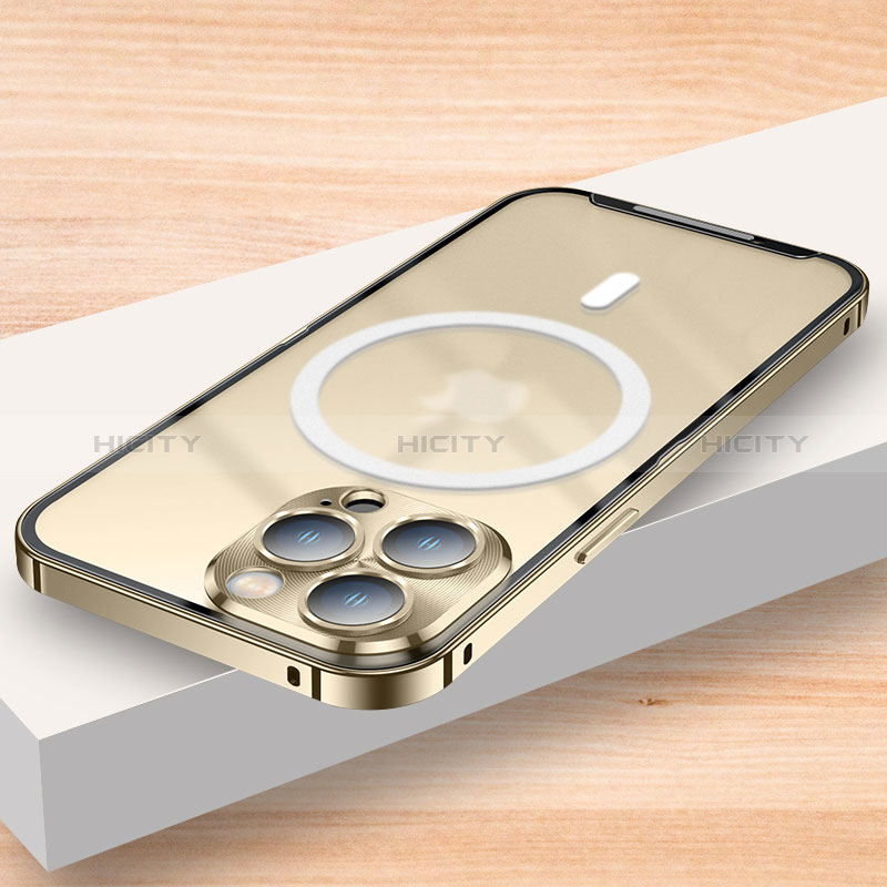 Custodia Lusso Metallo Laterale e Plastica Cover con Mag-Safe Magnetic LK2 per Apple iPhone 13 Pro Max Oro