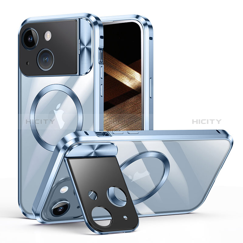 Custodia Lusso Metallo Laterale e Plastica Cover con Mag-Safe Magnetic LK4 per Apple iPhone 14 Plus Blu