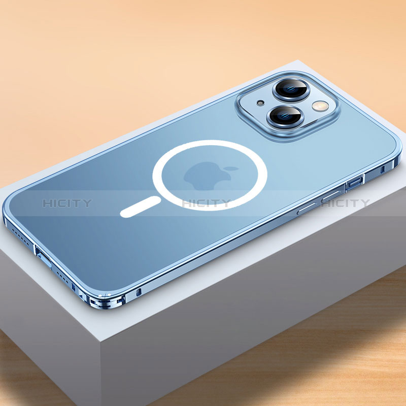 Custodia Lusso Metallo Laterale e Plastica Cover con Mag-Safe Magnetic QC2 per Apple iPhone 13 Mini Blu