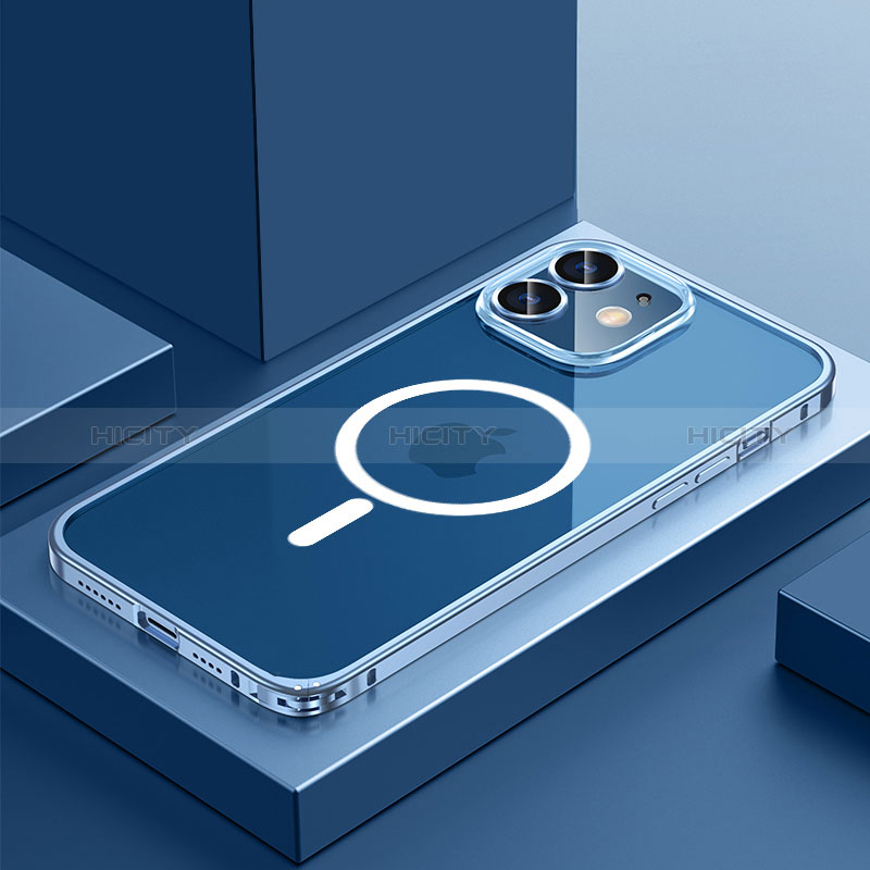 Custodia Lusso Metallo Laterale e Plastica Cover con Mag-Safe Magnetic QC3 per Apple iPhone 12 Blu