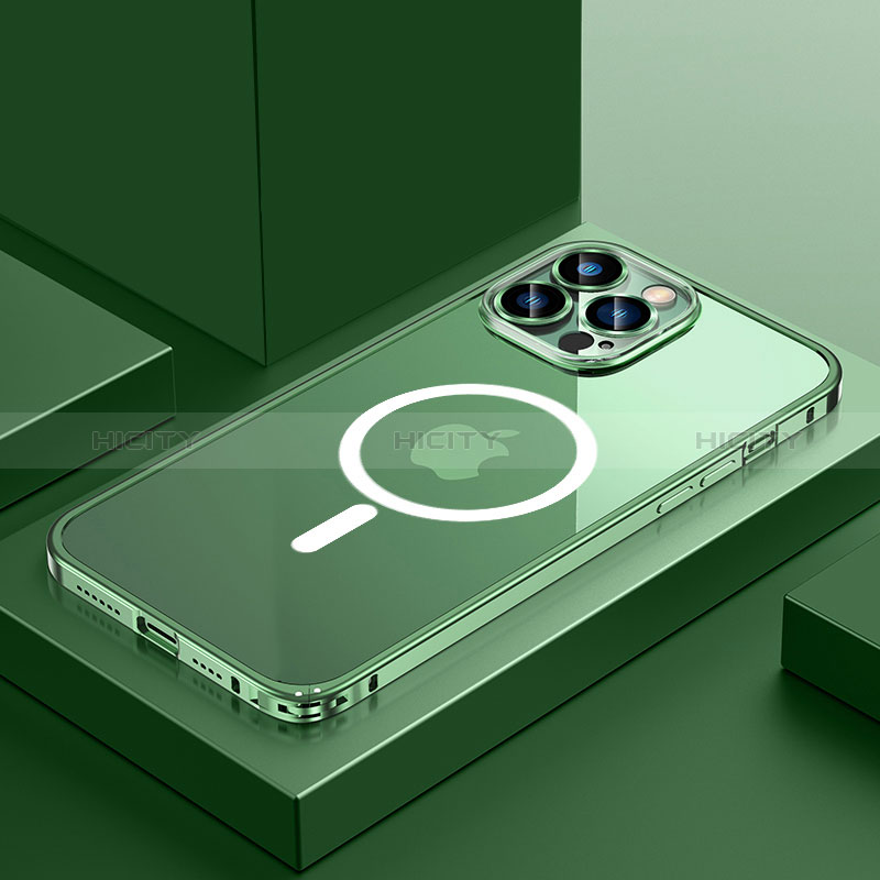 Custodia Lusso Metallo Laterale e Plastica Cover con Mag-Safe Magnetic QC3 per Apple iPhone 13 Pro Verde