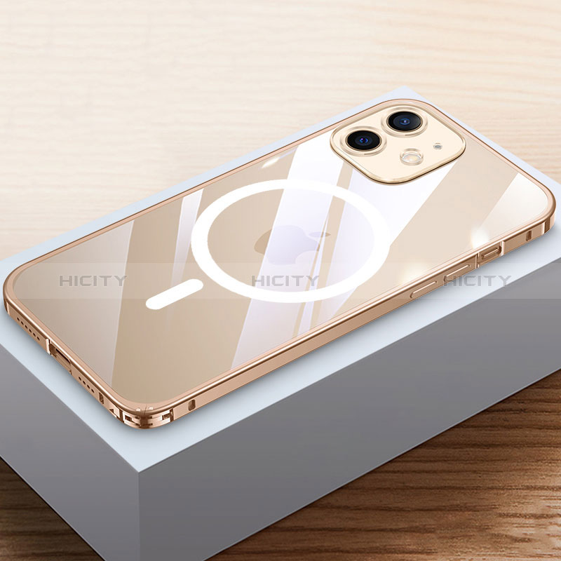 Custodia Lusso Metallo Laterale e Plastica Cover con Mag-Safe Magnetic QC4 per Apple iPhone 12 Oro