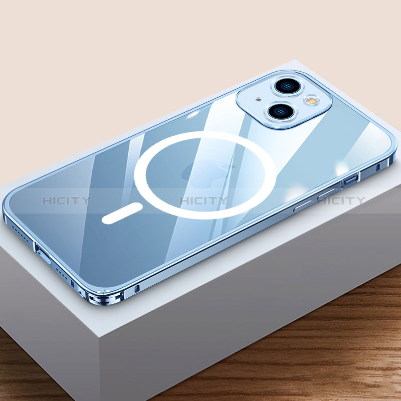 Custodia Lusso Metallo Laterale e Plastica Cover con Mag-Safe Magnetic QC4 per Apple iPhone 13 Mini Blu