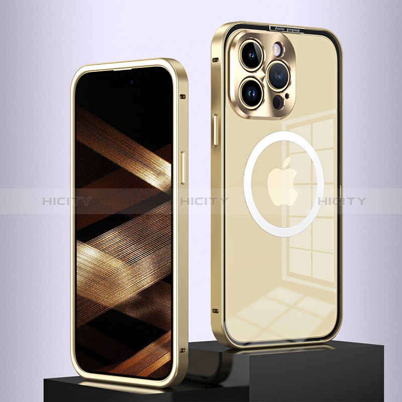 Custodia Lusso Metallo Laterale e Plastica Cover con Mag-Safe Magnetic QC5 per Apple iPhone 14 Pro Oro