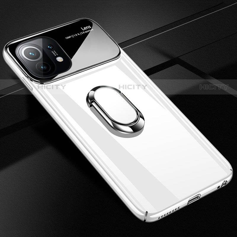 Custodia Plastica Rigida Cover Opaca con Magnetico Anello Supporto P01 per Xiaomi Mi 11 5G Bianco