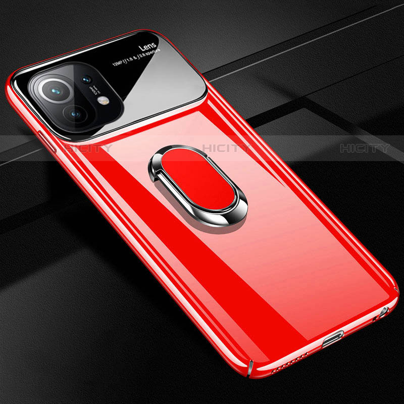 Custodia Plastica Rigida Cover Opaca con Magnetico Anello Supporto P01 per Xiaomi Mi 11 5G Rosso