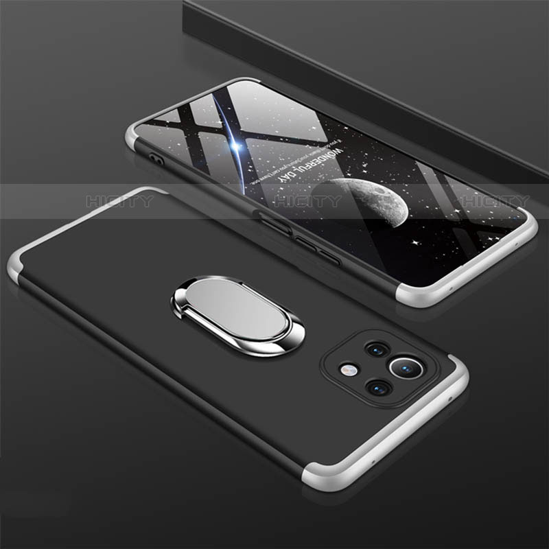 Custodia Plastica Rigida Cover Opaca con Magnetico Anello Supporto P02 per Xiaomi Mi 11 5G Argento e Nero