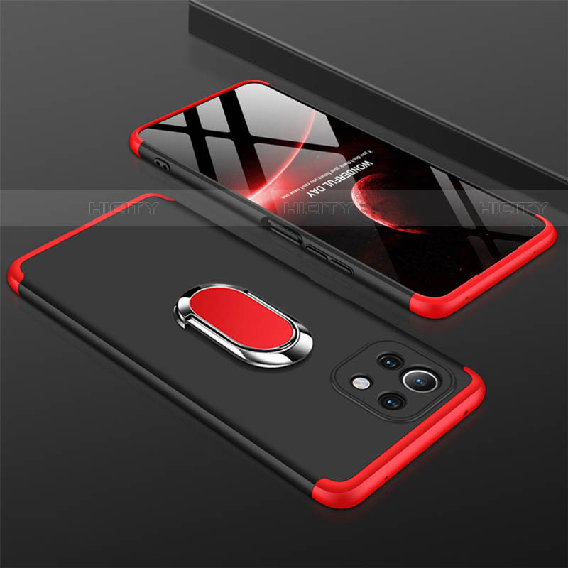 Custodia Plastica Rigida Cover Opaca con Magnetico Anello Supporto P02 per Xiaomi Mi 11 5G Rosso e Nero