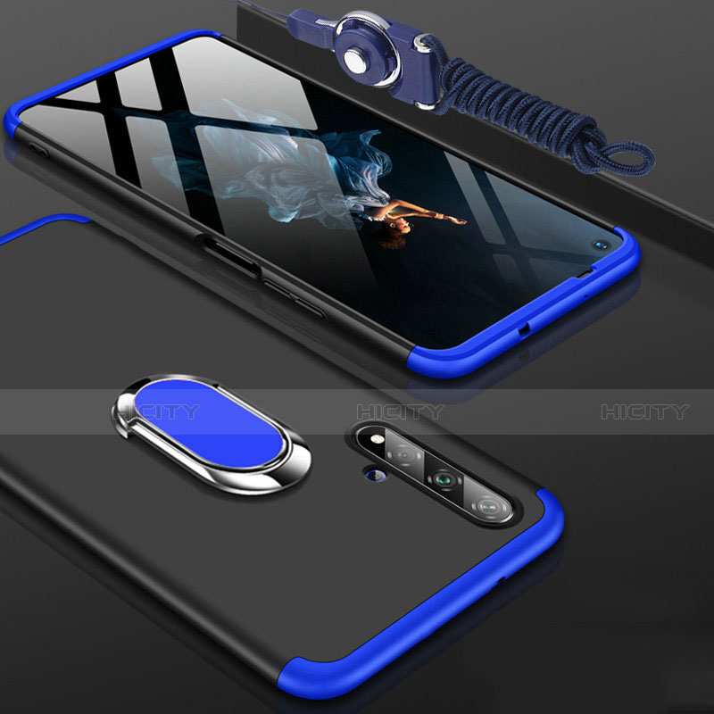 Custodia Plastica Rigida Cover Opaca Fronte e Retro 360 Gradi con Anello Supporto per Huawei Honor 20 Blu e Nero