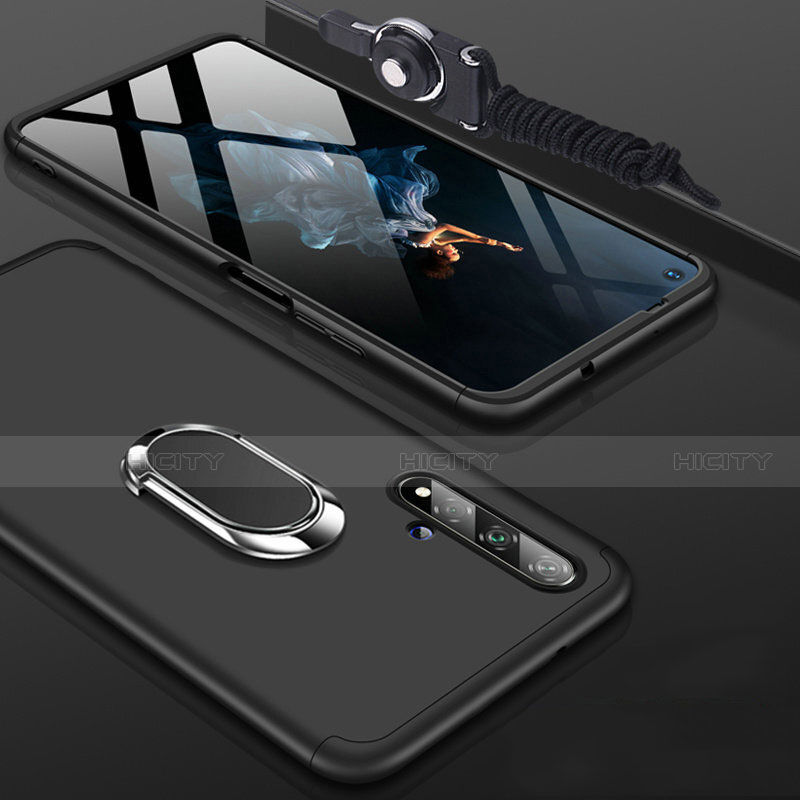 Custodia Plastica Rigida Cover Opaca Fronte e Retro 360 Gradi con Anello Supporto per Huawei Honor 20 Nero