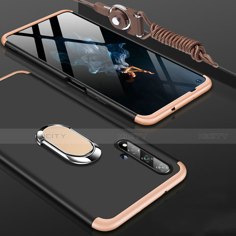 Custodia Plastica Rigida Cover Opaca Fronte e Retro 360 Gradi con Anello Supporto per Huawei Honor 20 Oro e Nero