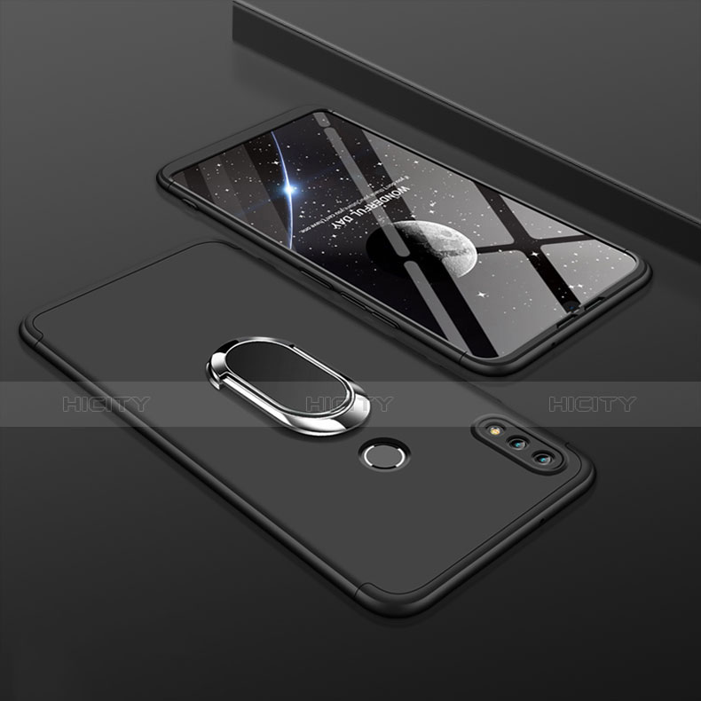 Custodia Plastica Rigida Cover Opaca Fronte e Retro 360 Gradi con Anello Supporto per Huawei Y9 (2019) Nero