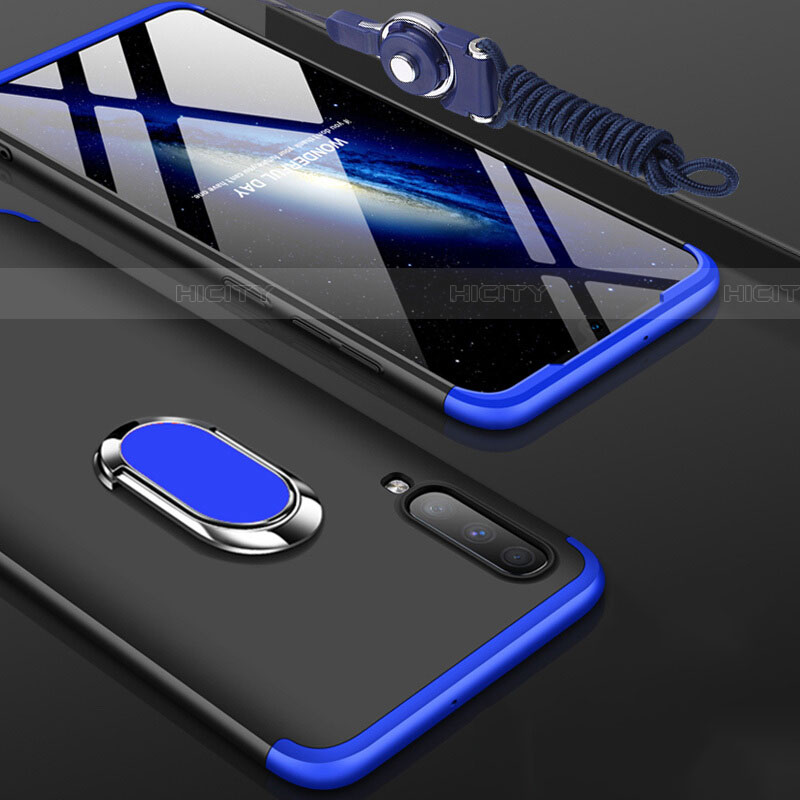 Custodia Plastica Rigida Cover Opaca Fronte e Retro 360 Gradi con Anello Supporto per Samsung Galaxy A70 Blu e Nero