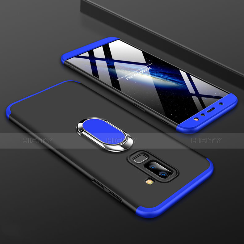 Custodia Plastica Rigida Cover Opaca Fronte e Retro 360 Gradi con Anello Supporto per Samsung Galaxy A9 Star Lite Blu e Nero