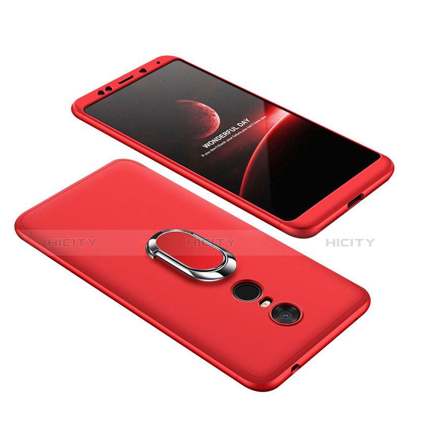 Custodia Plastica Rigida Cover Opaca Fronte e Retro 360 Gradi con Anello Supporto per Xiaomi Redmi Note 5 Indian Version Rosso