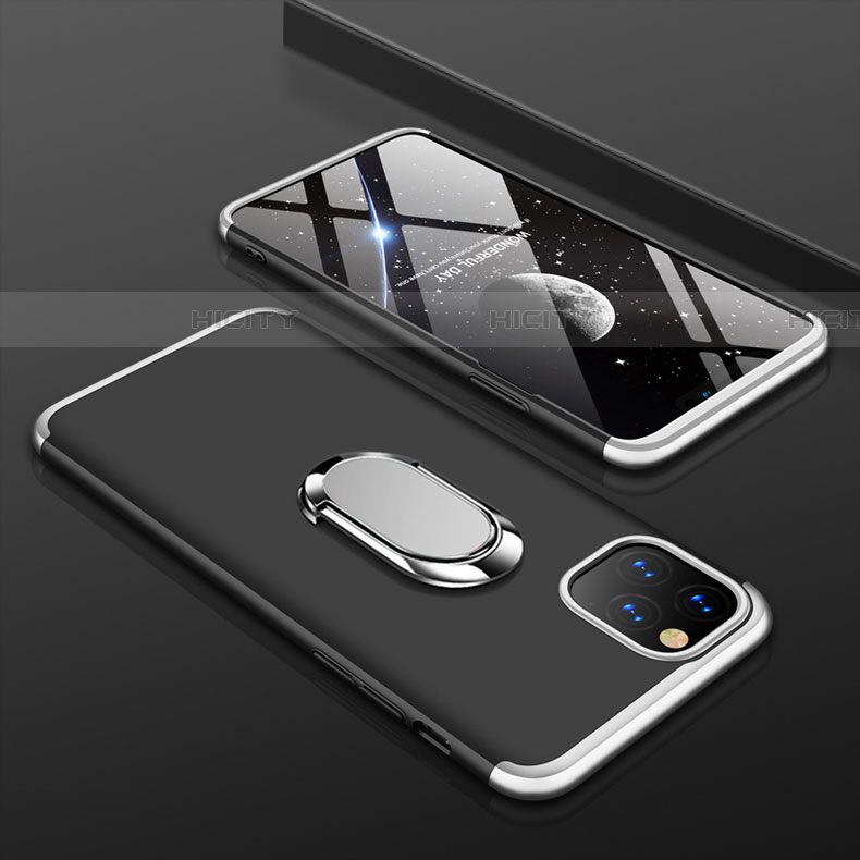 Custodia Plastica Rigida Cover Opaca Fronte e Retro 360 Gradi con Anello Supporto R01 per Apple iPhone 11 Pro Max Argento e Nero