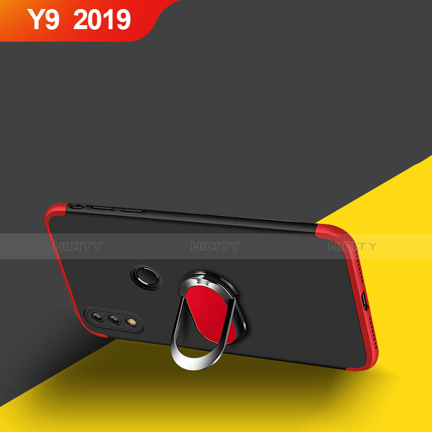 Custodia Plastica Rigida Opaca Fronte e Retro 360 Gradi con Magnetico Anello Supporto per Huawei Y9 (2019) Rosso e Nero