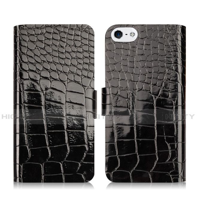 Custodia Portafoglio In Pelle con Stand Coccodrillo per Apple iPhone 5S Nero