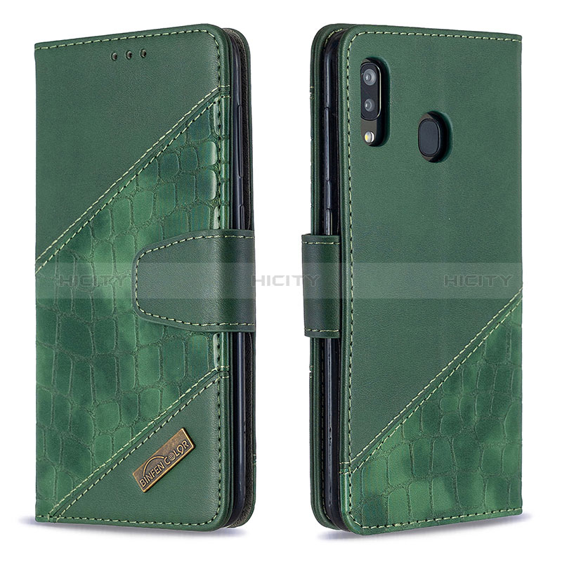 Custodia Portafoglio In Pelle Cover con Supporto B03F per Samsung Galaxy A20 Verde
