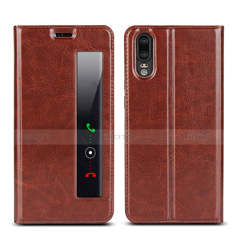 Custodia Portafoglio In Pelle Cover con Supporto L02 per Huawei P20 Marrone