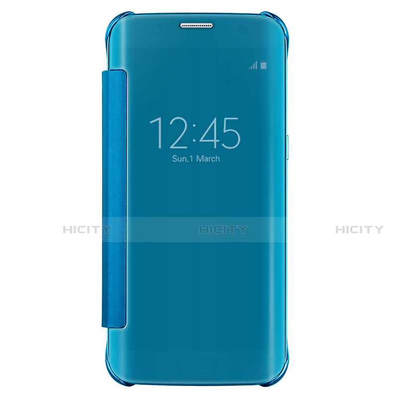 Custodia Portafoglio In Pelle Cover con Supporto Laterale Specchio Cover L02 per Samsung Galaxy S7 Edge G935F Cielo Blu