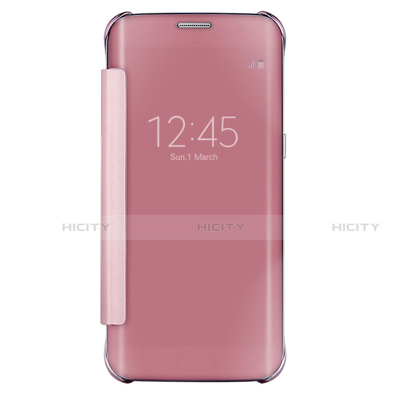 Custodia Portafoglio In Pelle Cover con Supporto Laterale Specchio Cover L02 per Samsung Galaxy S7 Edge G935F Oro Rosa