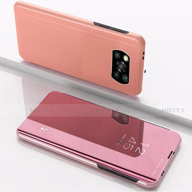 Custodia Portafoglio In Pelle Cover con Supporto Laterale Specchio Cover L03 per Xiaomi Poco X3 NFC Oro Rosa