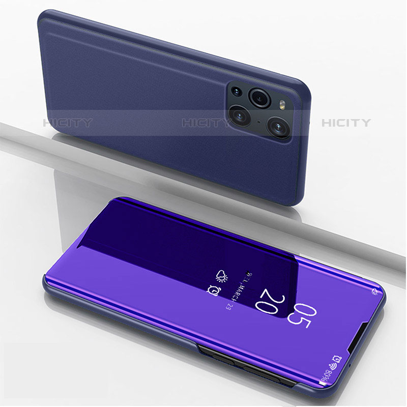 Custodia Portafoglio In Pelle Cover con Supporto Laterale Specchio Cover per Oppo Find X3 Pro 5G Blu Notte