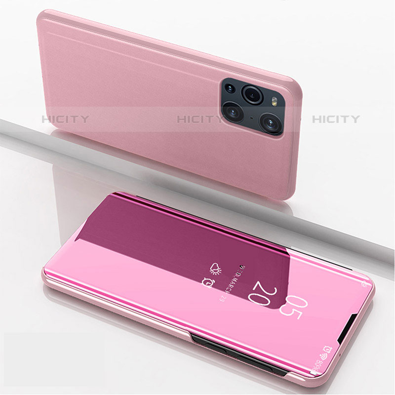 Custodia Portafoglio In Pelle Cover con Supporto Laterale Specchio Cover per Oppo Find X3 Pro 5G Oro Rosa